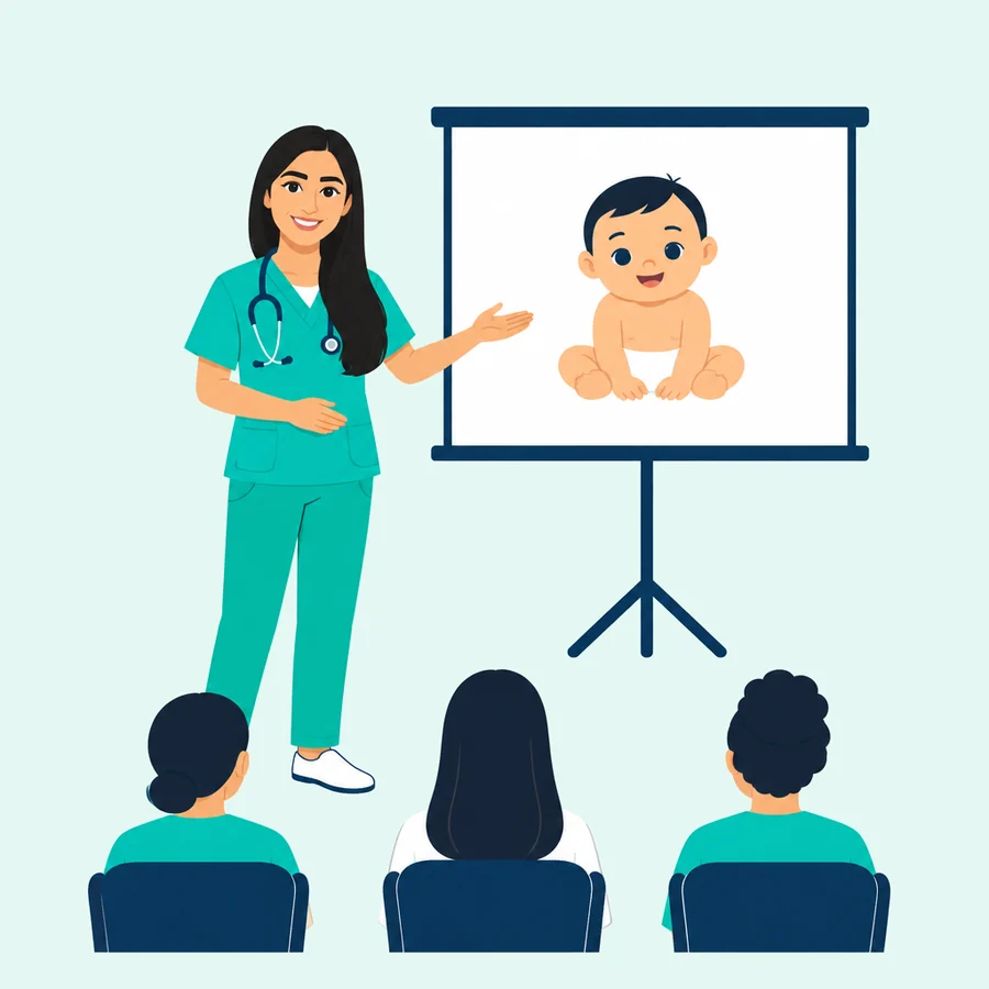 Ana tiene una lezione davanti al proiettore con l'immagine di un neonato