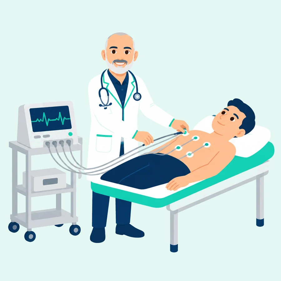 Paolo esegue un elettrocardiogramma a un paziente sul lettino
